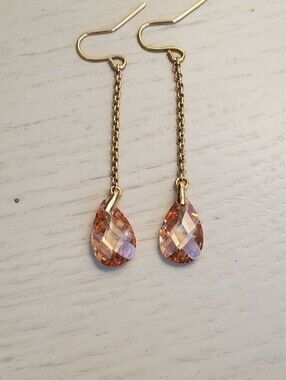 Gold Chain Drop Earrings with Peach Crystal Teardrops